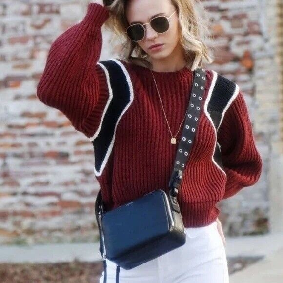 Frame Cotton Ribbed Chunky Knit Cropped Balloon Sleeve Crew Neck Sweater Sz S - Picture 1 of 13